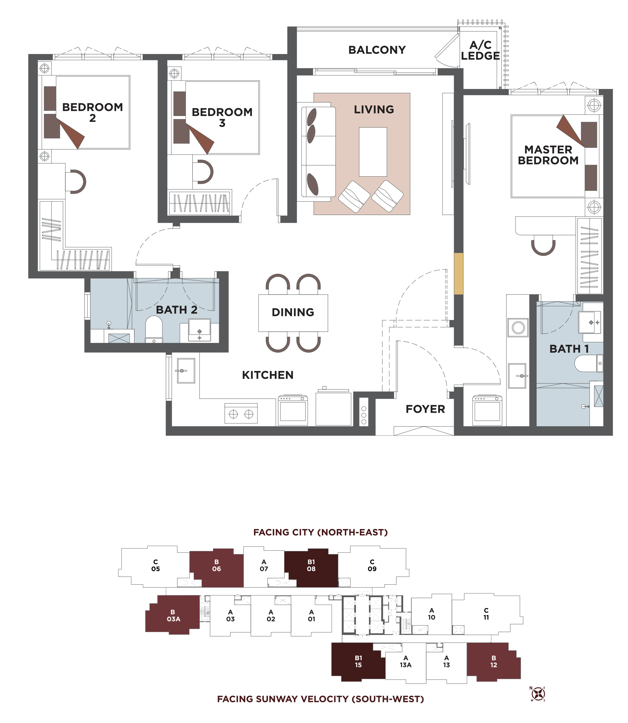 Tower C Type B/B1 floor plan and key plan